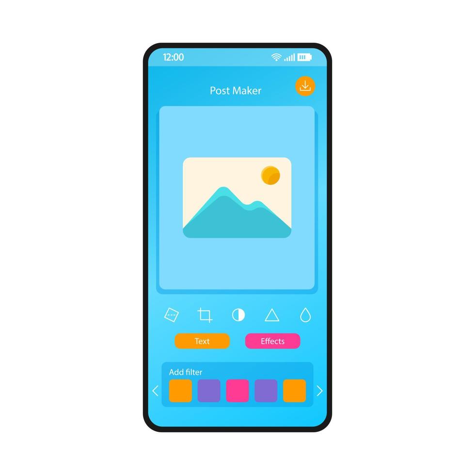 sociala medier post maker smartphone gränssnitt vektor mall. mobil app sida blå design layout. foto, bildredigeringsskärm. platt UI för applikation. lägg till text, effekt, filterfunktion. telefonens display