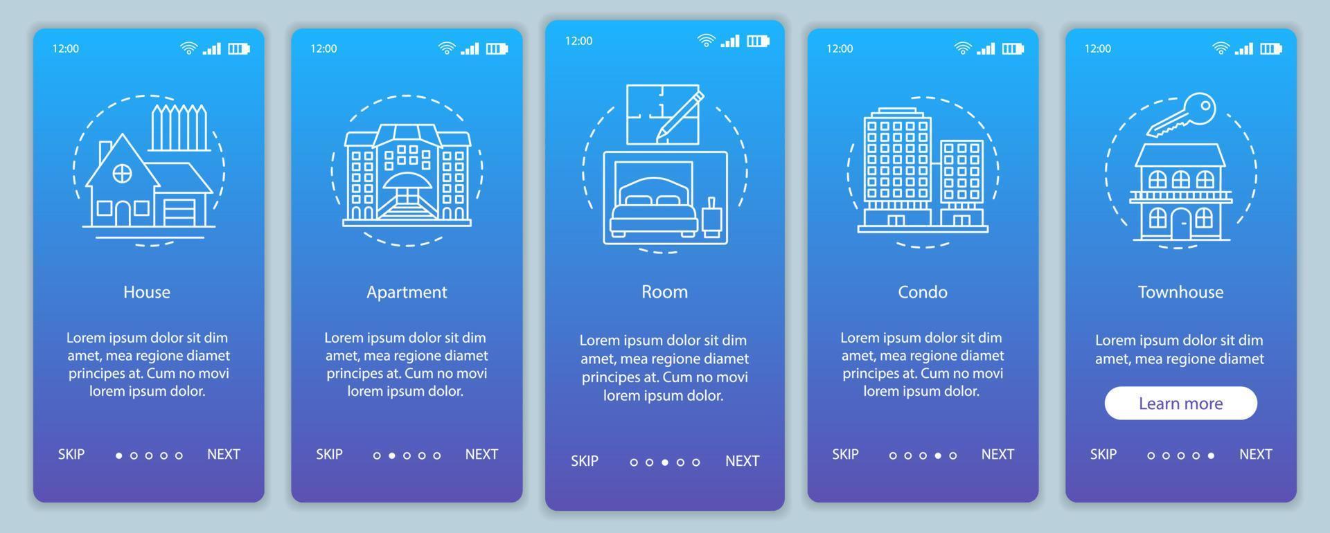 egendom onboarding mobil app sidskärm med linjära koncept. hus, lägenhet, rum, lägenhet, radhus genomgångssteg grafiska instruktioner. ux, ui, gui vektormall med illustrationer vektor