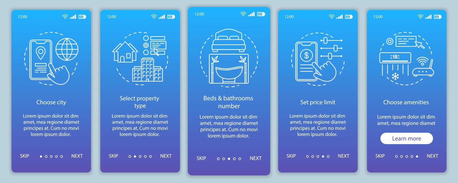 Immobilienvermietung Onboarding mobiler App-Seitenbildschirm mit linearen Konzepten. Immobilienagentur. Schritt für Schritt grafische Anweisungen zur Hotelbuchung. ux, ui, gui-Vektorvorlage mit Illustrationen vektor