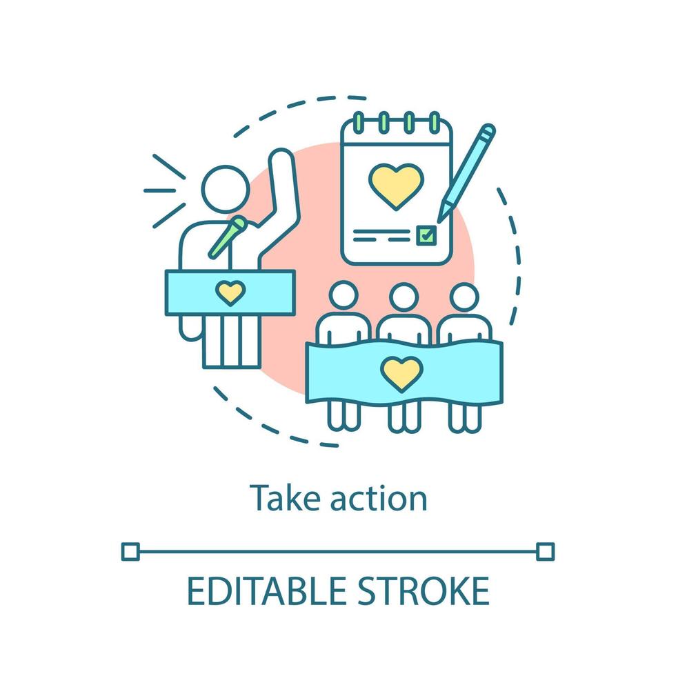 Symbol für das Aktionskonzept. soziale Bewegungen und aktivistische Protestfreiwilligenarbeit. freiwillige möglichkeiten idee dünne linie illustration. Vektor isoliert Umrisszeichnung. editierbarer Strich