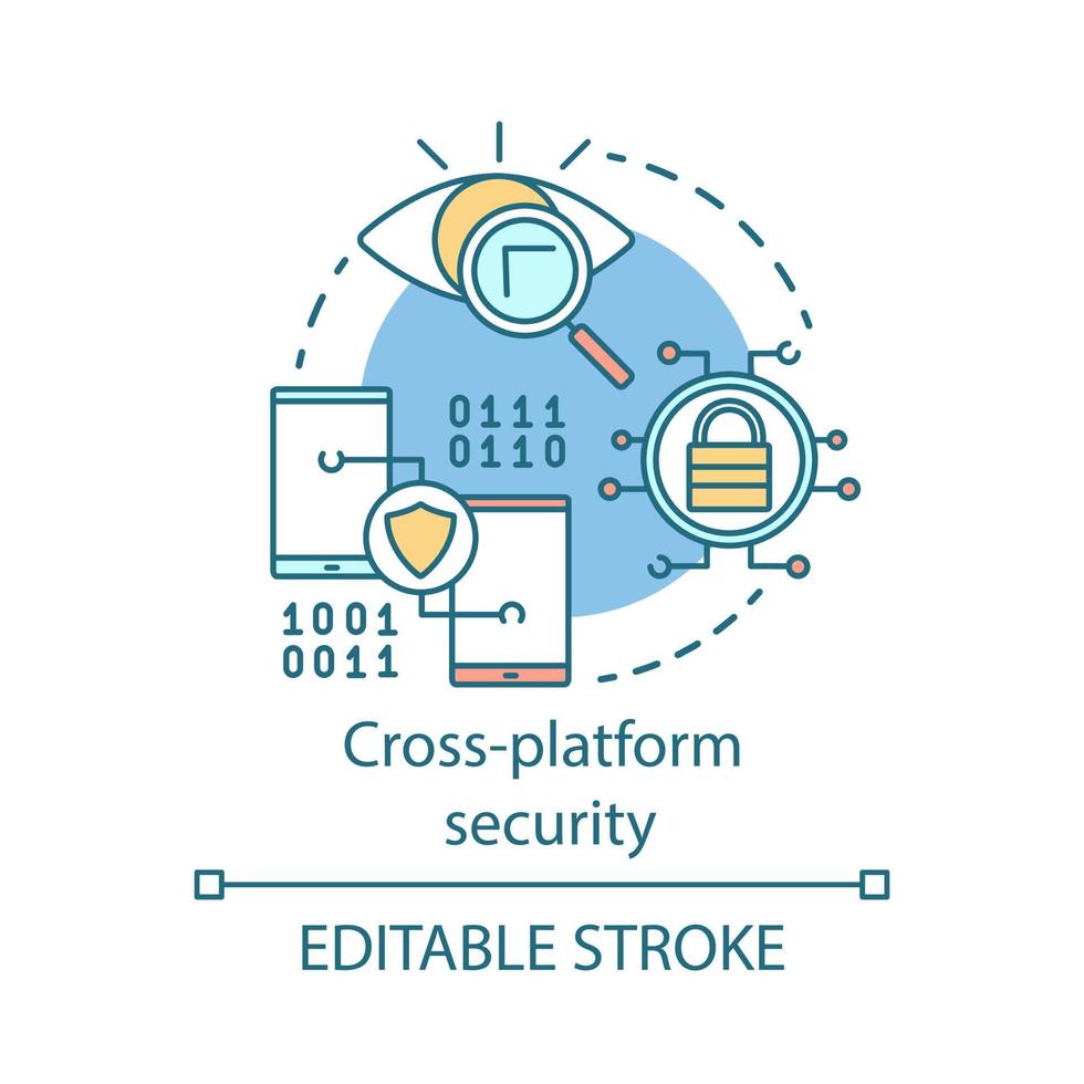 plattformsoberoende säkerhetsprogramvara konceptikon. informationsskydd, antivirus app idé tunn linje illustration. cybersäkerhet, datakryptering. vektor isolerade konturritning. redigerbar linje