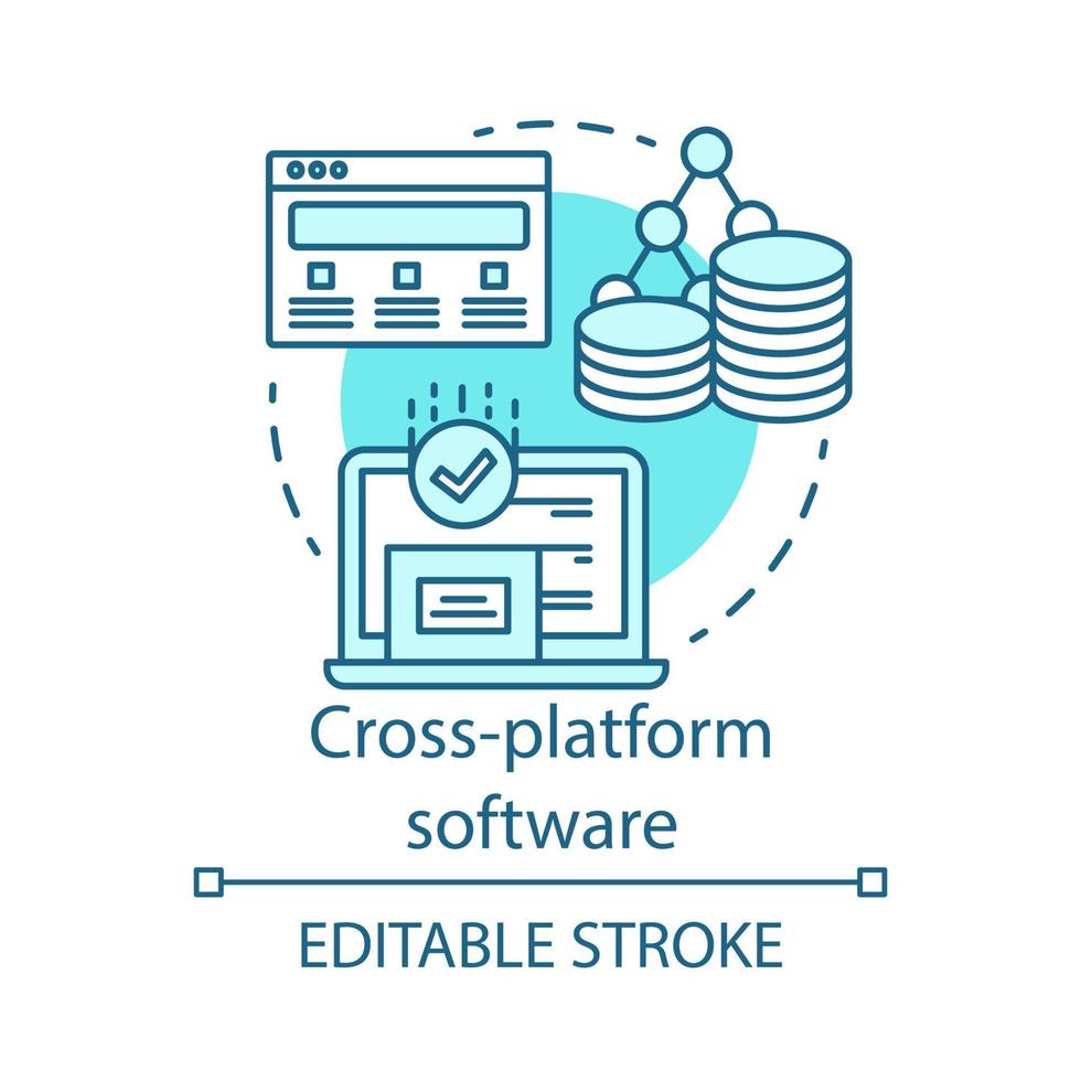 plattformsoberoende programvara, responsiv appkonceptikon. adaptiv applikationsutveckling idé tunn linje illustration. internet programmeringssystem. vektor isolerade konturritning. redigerbar linje