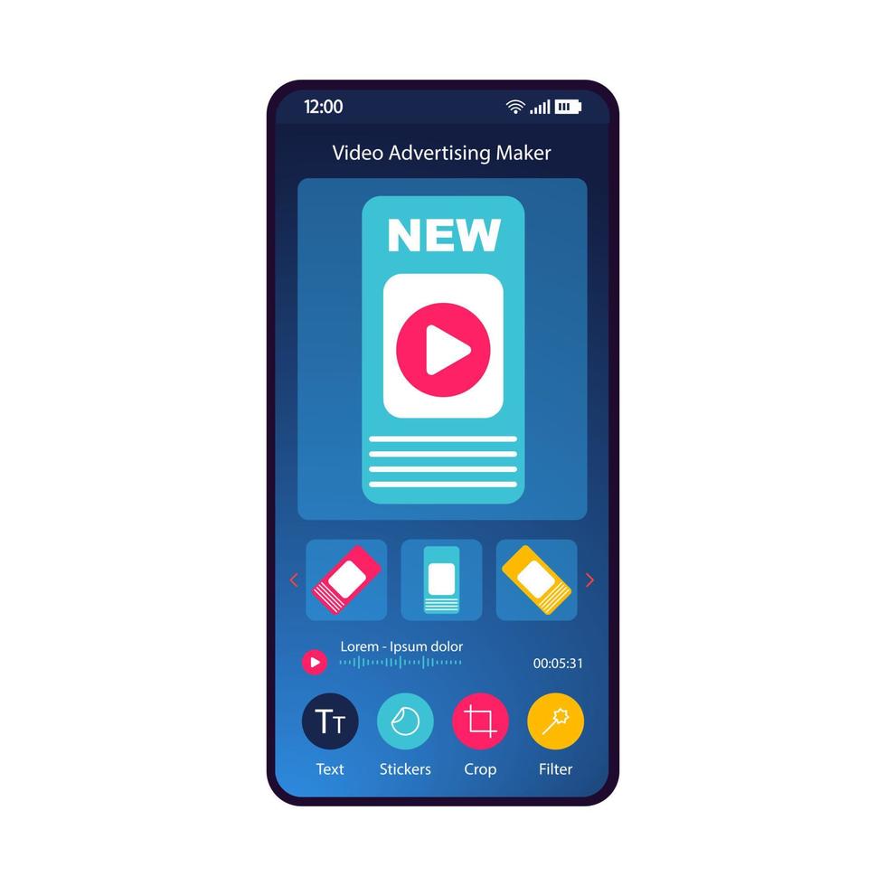 video reklam maker smartphone gränssnittsmall. reklaminnehåll, mobilapp för animationsskapare. videoredigerare. sociala medier berättelser design applikation platt ui. digitalt marknadsföringsverktyg. telefonens display vektor