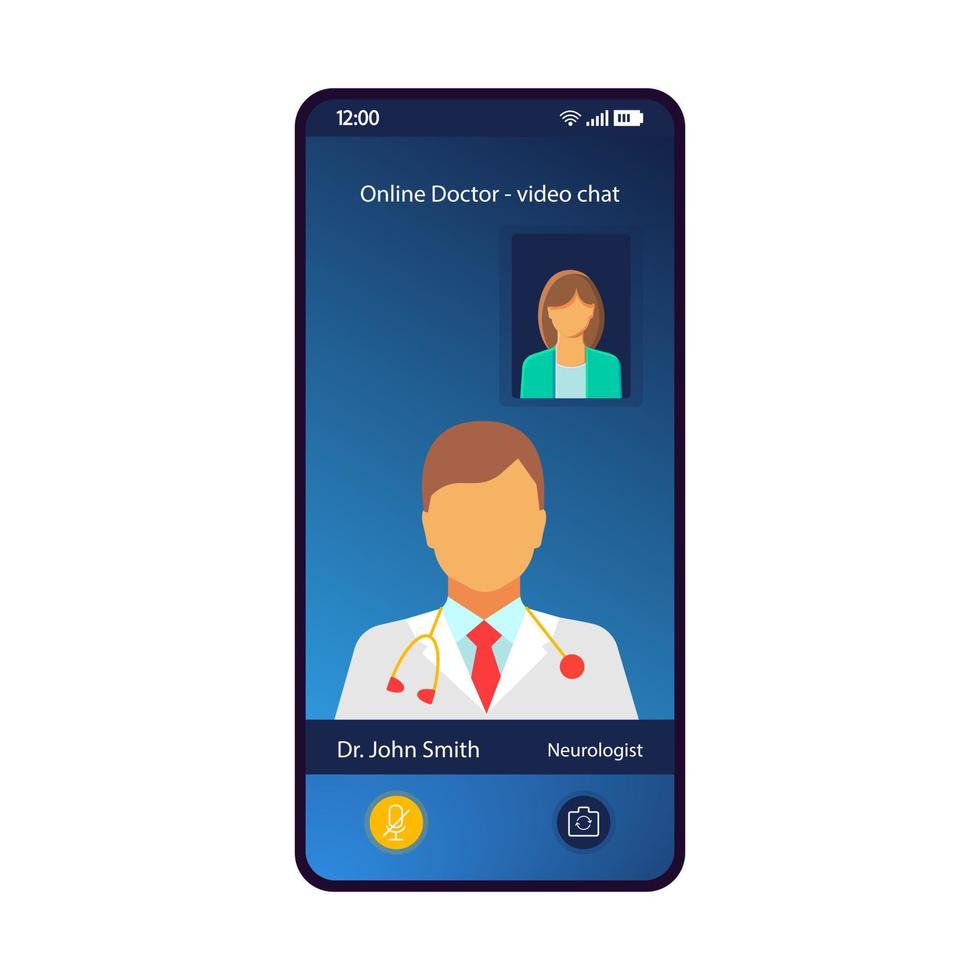 Online-Arztkonsultation Smartphone-Schnittstellenvektorvorlage. blaues Design-Layout der mobilen App-Seite. Video-Chat, Arzttermin mit Neurologen-Bildschirm. flache ui für die anwendung. Telefondisplay vektor