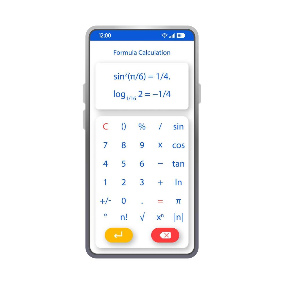 Formelberechnung Smartphone-Schnittstelle Vektorvorlage. weißes designlayout der mobilen rechner-app-seite. Bildschirm für mathematische Gleichungen. flache Benutzeroberfläche zur Berechnung der Anwendung. Kalkül-Telefonanzeige vektor