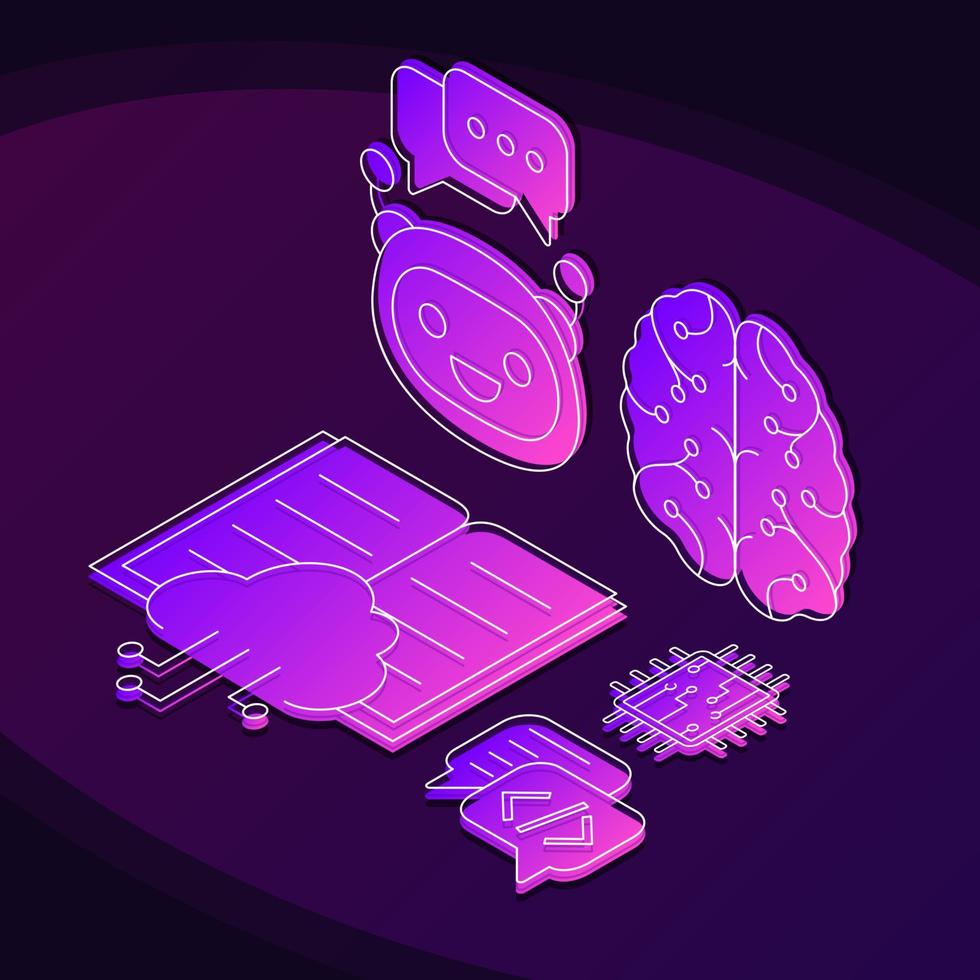 artificiell intelligens isometrisk gradient färg vektorillustration. maskininlärning linjära ikoner infographic. processautomation. digital futuristisk teknik. ai och iot 3d isolerade koncept vektor