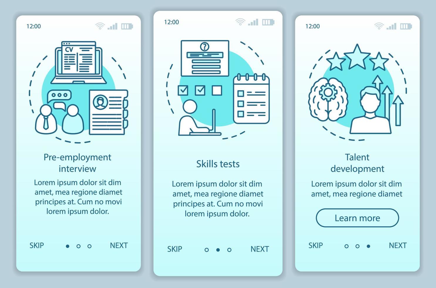 karriär tillväxt turkos gradient onboarding mobil app sida skärm vektor mall. anställningsprov. jobbintervju genomgång av webbplatssteg med linjära ikoner. ux, ui, gui smartphone gränssnitt koncept