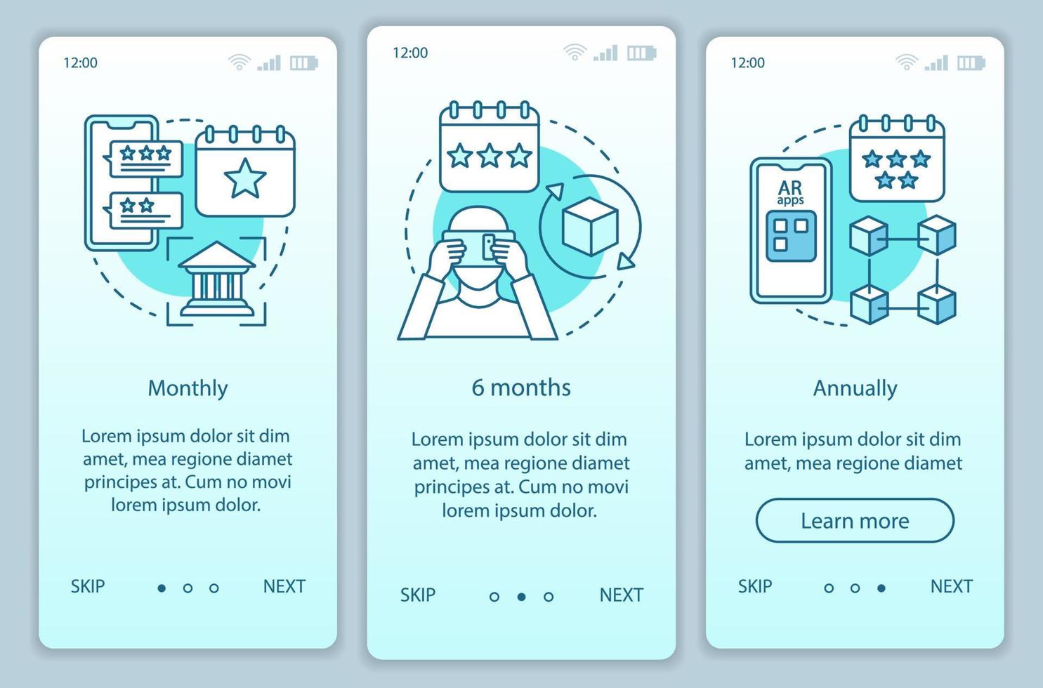 ar-tool-abonnement-onboarding-mobile-app-seitenbildschirm-vektorvorlage. monatliche oder jährliche Tarife. Walkthrough-Website-Schritte mit linearen Illustrationen. ux, ui, gui smartphone-schnittstellenkonzept vektor