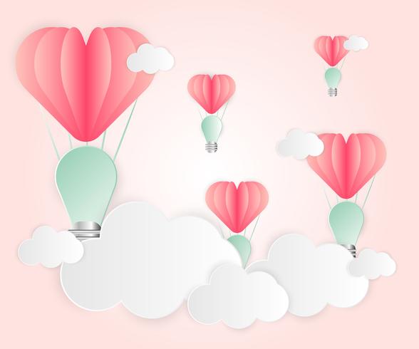 Kärlekskort abstrakt idé glödlampor hjärta rosa papper överlapp stil ballong röd flytande på luften vektor