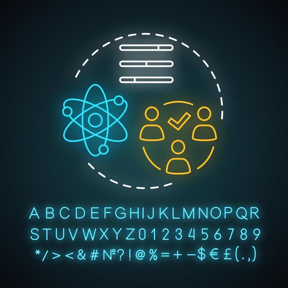 mjuka färdigheter neonljus konceptikon. lagarbete idé, personlig utveckling. ledarskap, professionell relation. glödande tecken med alfabetet, siffror, symboler. mänskliga resurser vektor isolerade illustration