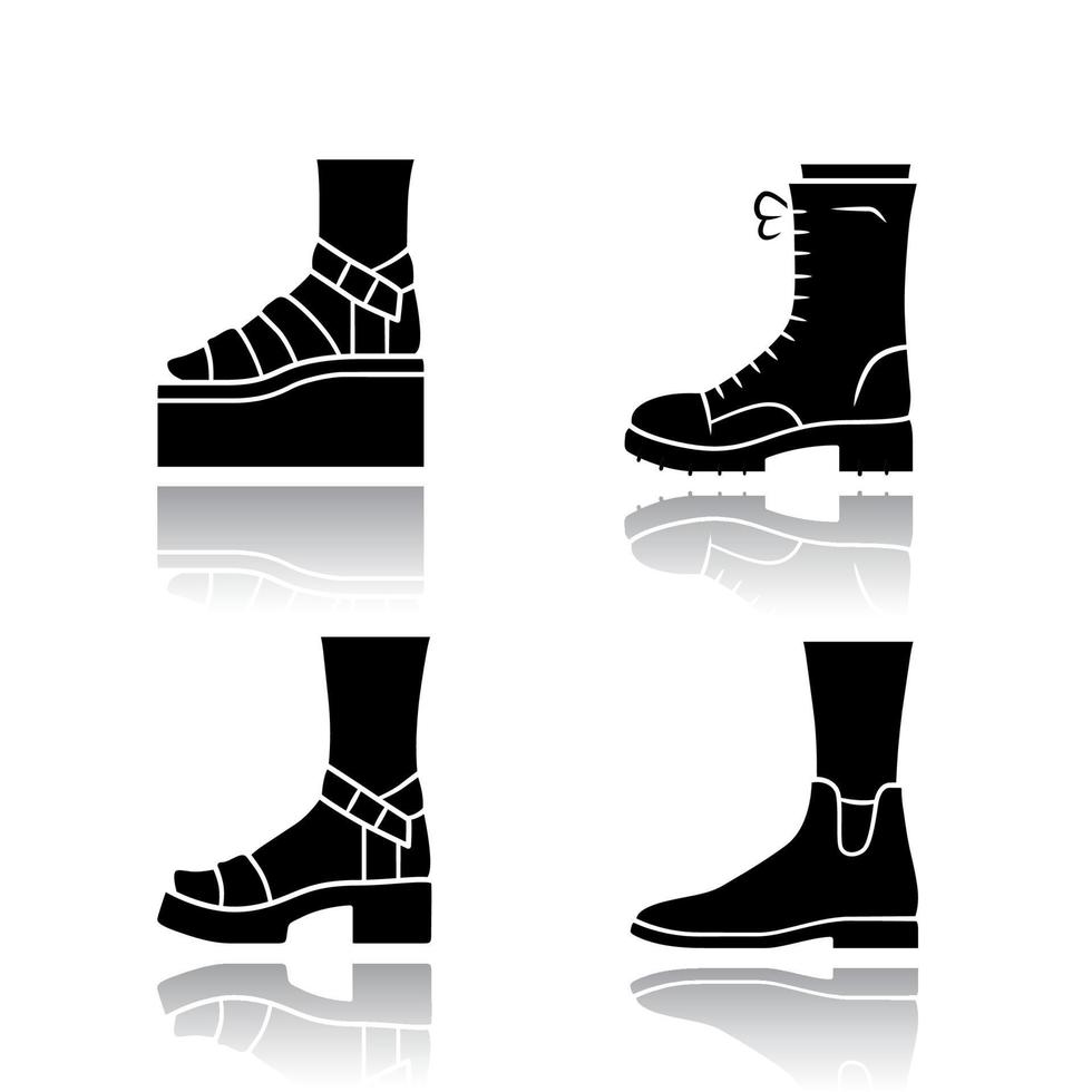 Frauen trendige Schuhe Schlagschatten schwarze Glyphen-Symbole gesetzt. weibliche elegante formelle und lässige schuhe. stylische Winter- und Herbststiefel. modische Plateauschuhe. isolierte Vektorgrafiken vektor
