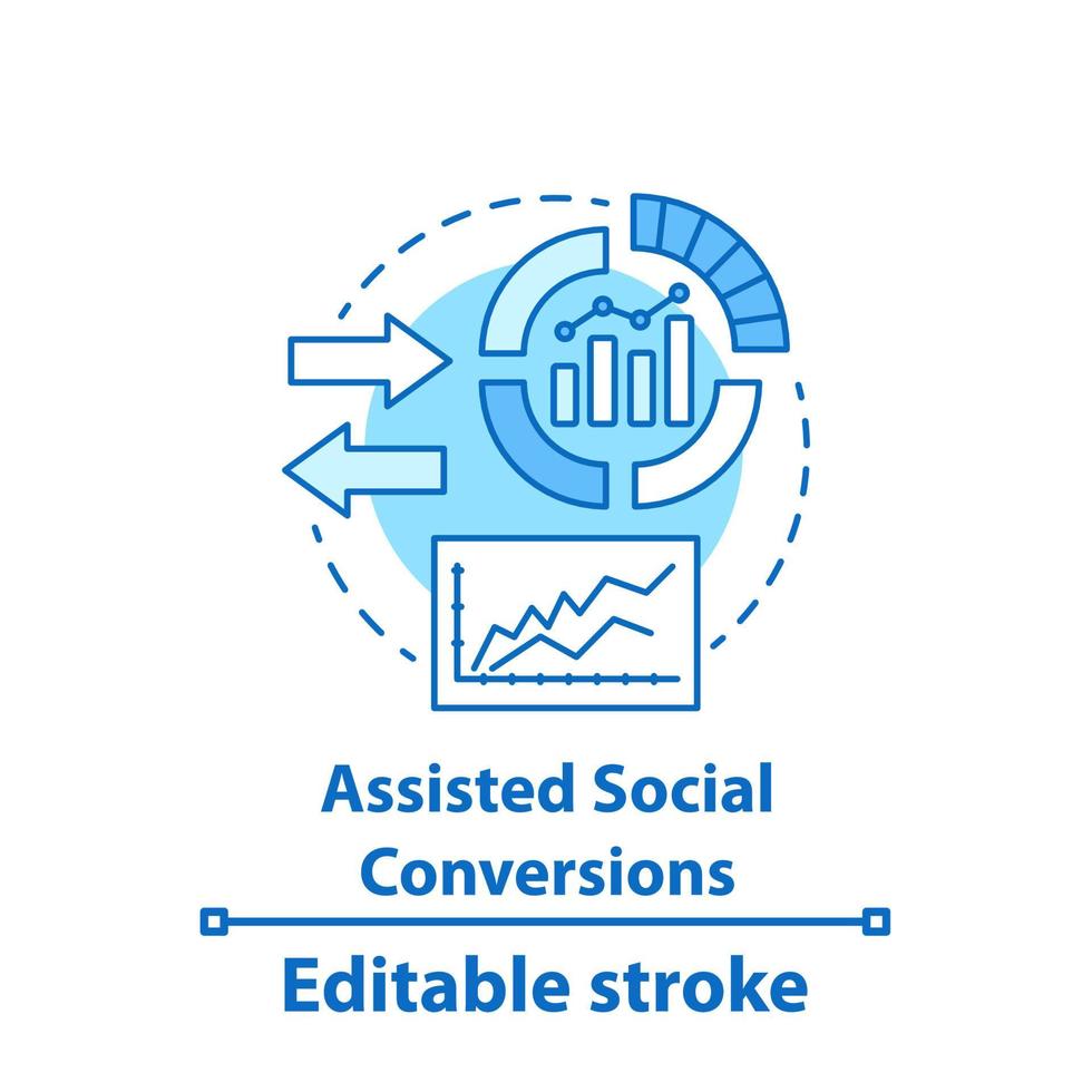 assisterade sociala konverteringar konceptikon. webbplats trafik idé tunn linje illustration. smm-mått. publikens tillväxttakt. webbanalys. vektor isolerade konturritning. redigerbar linje