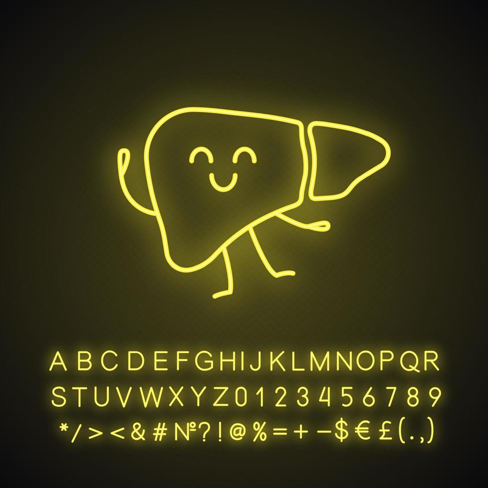 Symbol für Neonlicht mit lächelndem Lebercharakter. gesunde Verdauungsdrüse. Gesundheit der Leber. leuchtendes zeichen mit alphabet, zahlen und symbolen. vektor isolierte illustration
