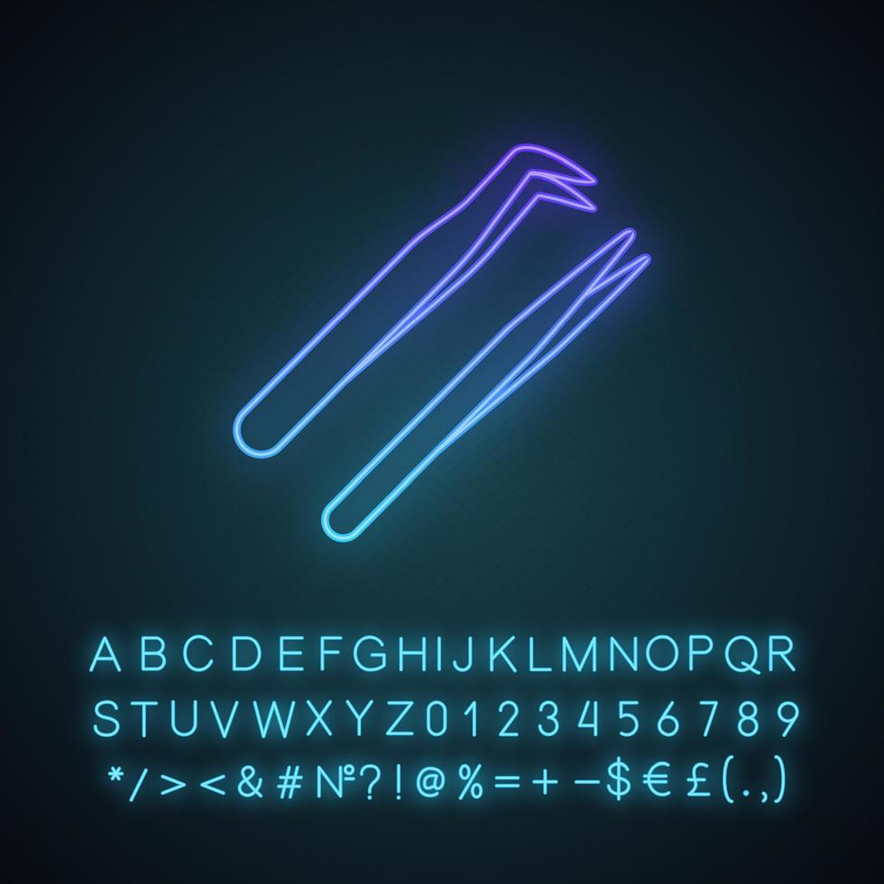 wimpernverlängerung pinzette neonlicht symbol. gerade und gebogene spitze Pinzette. Haarentfernungswerkzeuge. leuchtendes zeichen mit alphabet, zahlen und symbolen. vektor isolierte illustration