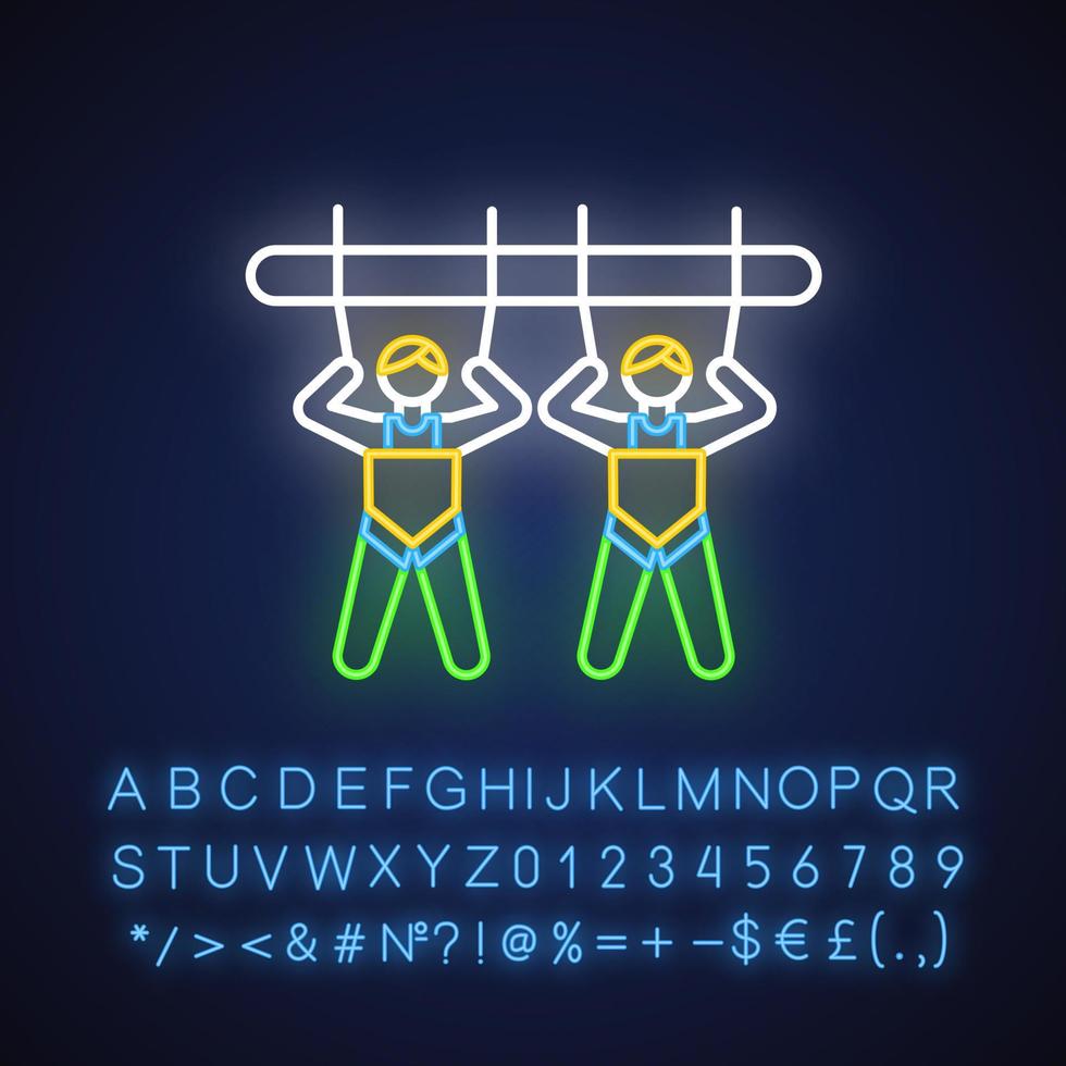 Symbol für Neonlicht in der Bergriesenschaukel. Vergnügungspark Attraktion. Canyon-Schaukel. Adrenalin Erholung. extreme Aktivität. leuchtendes zeichen mit alphabet, zahlen und symbolen. vektor isolierte illustration