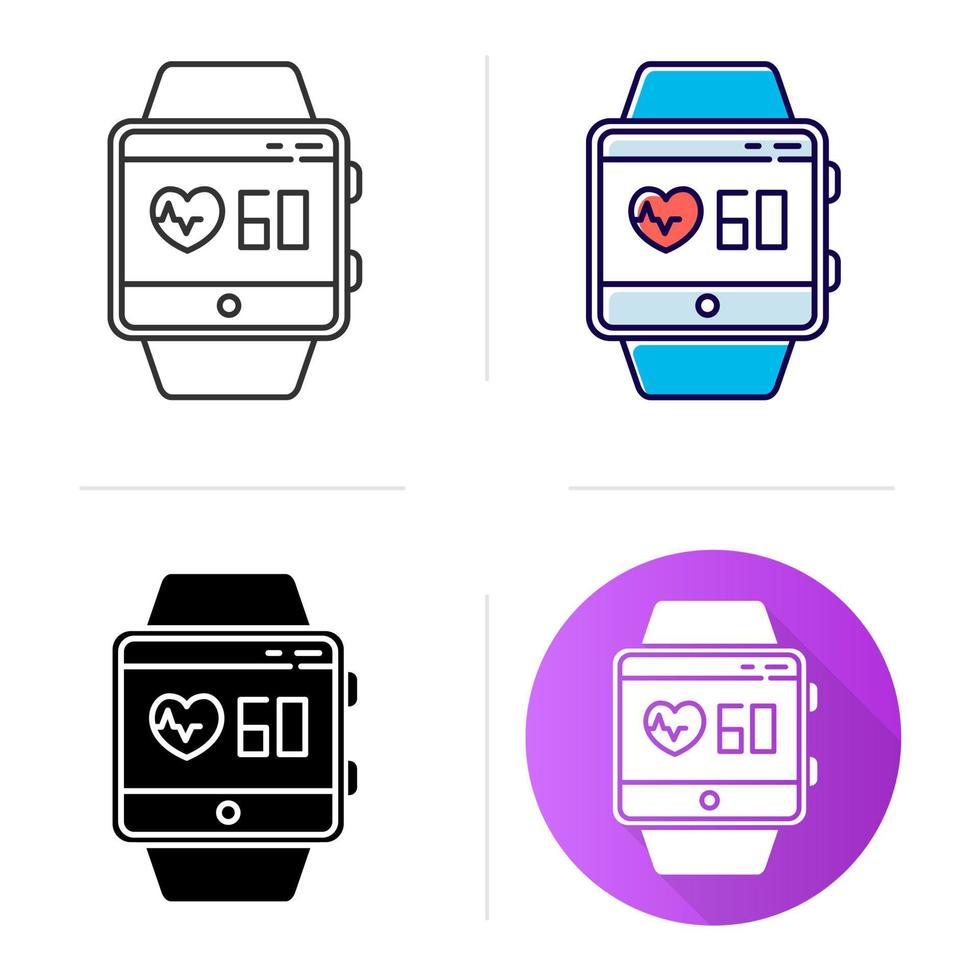 Herzfrequenz-Tracking-Smartwatch-Funktionssymbol. Indikatoren für die Gesundheit. Messung von Herzschlägen. Fitness-Armband-Wellness-Service. flaches Design, lineare und Farbstile. isolierte Vektorgrafiken vektor