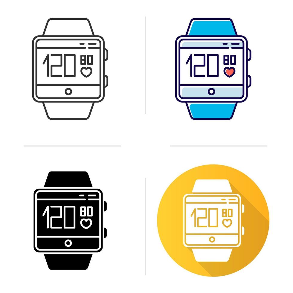 blodtrycks- och pulsspårningsfunktionsikon för smartwatch. mätningar och indikatorer på hälsa. platt design, linjär och färgstilar. fitness armband. isolerade vektorillustrationer vektor