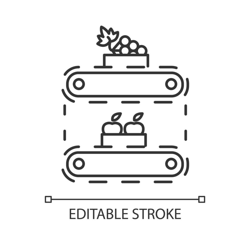 Lineares Symbol für die Obstproduktion. Äpfel und Trauben in Kisten auf Förderband. Bio-Lebensmittelversorgung. Lager. dünne Liniendarstellung. Kontursymbol. Vektor isoliert Umrisszeichnung. editierbarer Strich