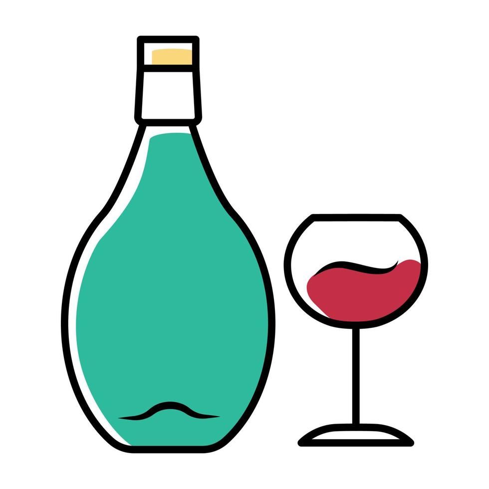 Symbol für Weinfarbe. Alkoholbar. Flasche und Weinglas. alkoholisches Getränk. Restaurantservice. Glaswaren für Rotwein. isolierte vektorillustration vektor