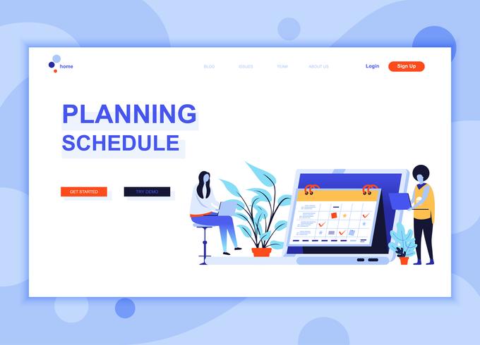 Modernes flaches Webseitendesign-Schablonenkonzept des Planungszeitplans verzierte Menschencharakter für Website- und mobile Websiteentwicklung. Flache Landing-Page-Vorlage. Vektor-illustration vektor