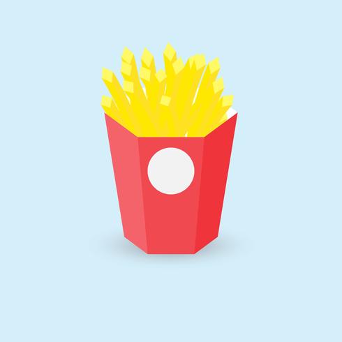 Vector Illustrationspommes-Frites im roten Papierkasten auf blauem Hintergrund.