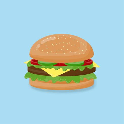 Vektor illustration Hamburger med ost, nötkött, sallad, tomat på blå bakgrund.