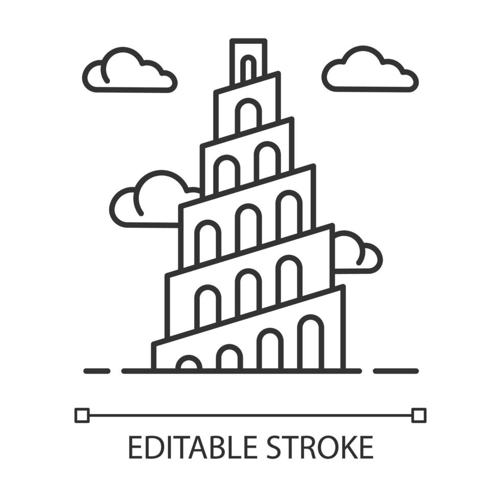 babelturm bibelgeschichte lineares symbol. Zikkurat. Hochstruktur in Babylonien. Exodus biblische Erzählung. dünne Liniendarstellung. Kontursymbol. Vektor isoliert Umrisszeichnung. editierbarer Strich