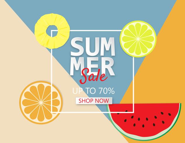 Sommerschlussverkaufhintergrund mit Ananas, Orange und Wassermelone. vektor