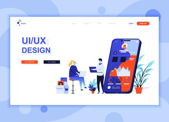 Modern platt webbdesign mall koncept UX, UI Design dekorerade människor karaktär för webbplats och mobil webbutveckling. Platt målsida mall. Vektor illustration.