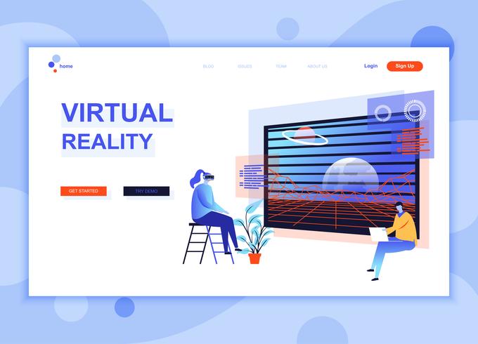 Moderna platt webbdesign mall koncept av Virtual Augmented Reality dekorerade människor karaktär för webbplats och mobil webbutveckling. Platt målsida mall. Vektor illustration.