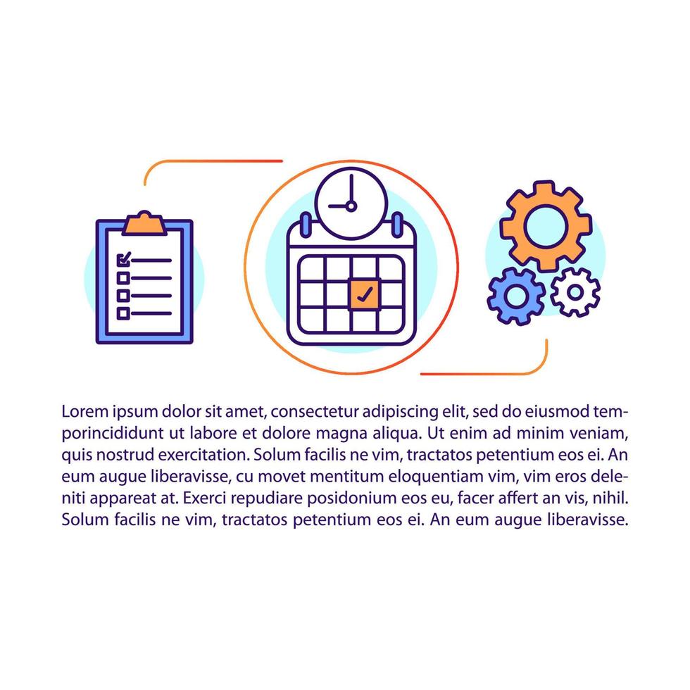 Vektorvorlage für Zeitmanagement-Artikelseiten. Terminplanung. Termin, Besprechungsplanung. broschüre, magazin, broschürengestaltungselement mit linearen symbolen und text. Druckdesign. Konzeptillustrationen vektor