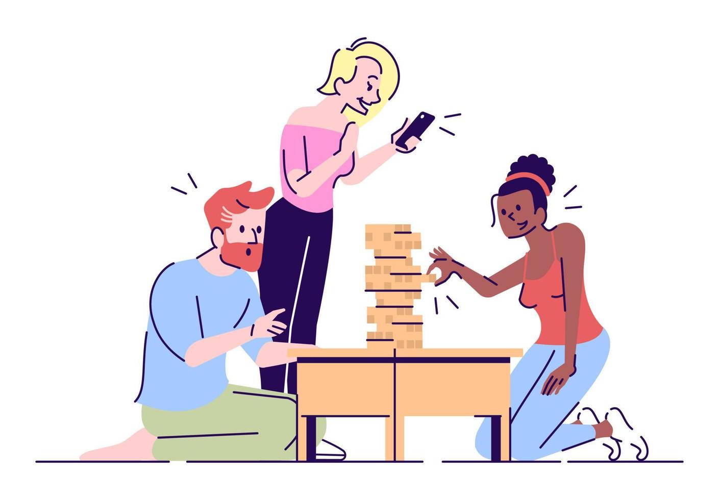 flache vektorillustration der jenga-spieler. freund entspannen, spaß haben, holzklötze spielen. mädchen, die foto machen, video drehen, isolierte zeichentrickfiguren mit umrisselementen auf weißem hintergrund vektor