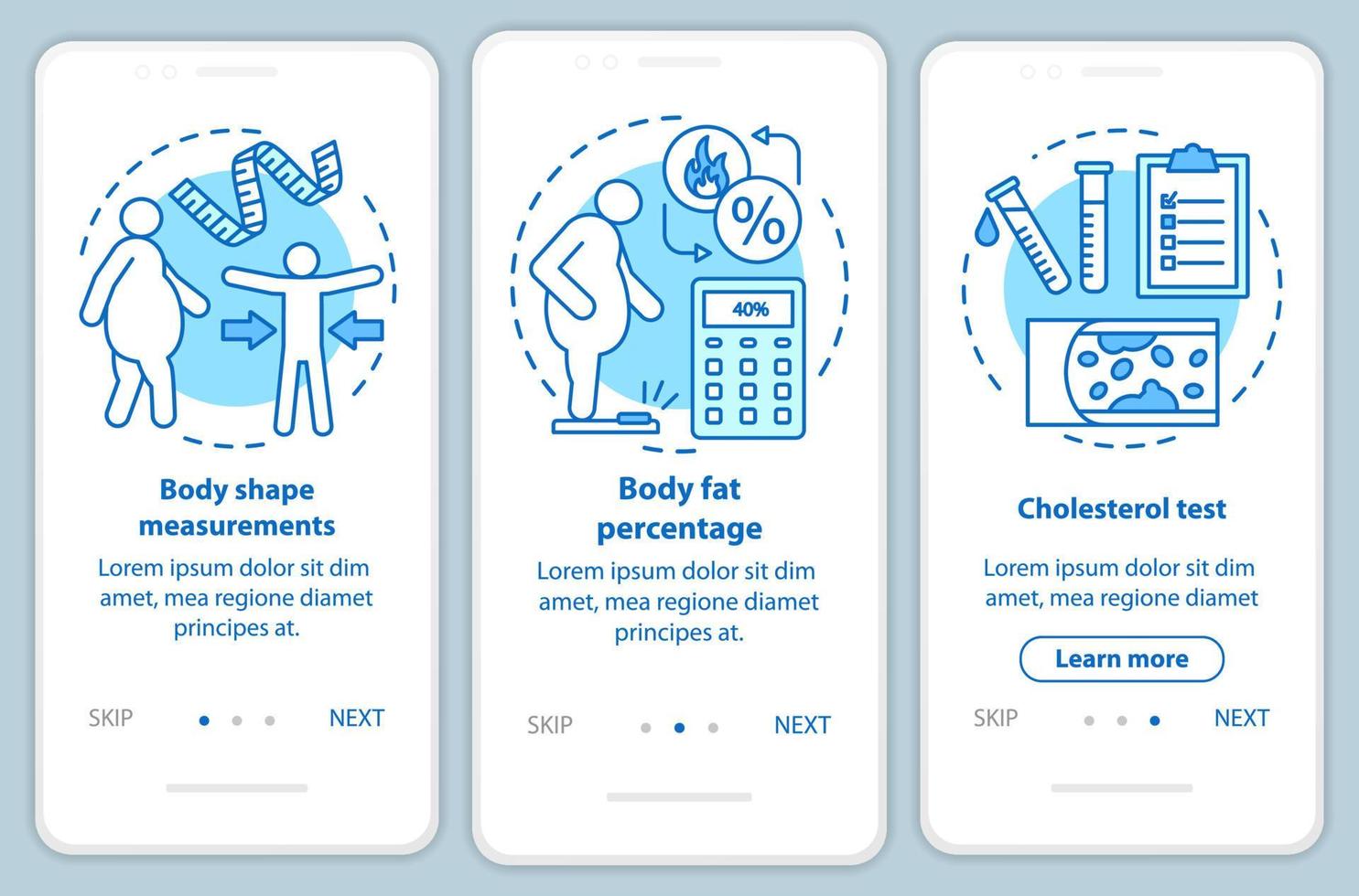 kroppshälsa onboarding mobil app sidskärm med linjära koncept. kolesteroltest. tre genomgångssteg grafiska instruktioner. kroppsformsmått. ux, ui, gui vektor mall, illustrationer