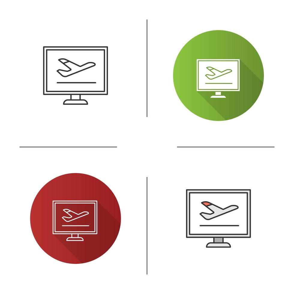 ikon för bokning av flygbiljetter online. tidtabell för flyg. datorskärm med plan. platt design, linjär och färgstilar. isolerade vektorillustrationer vektor