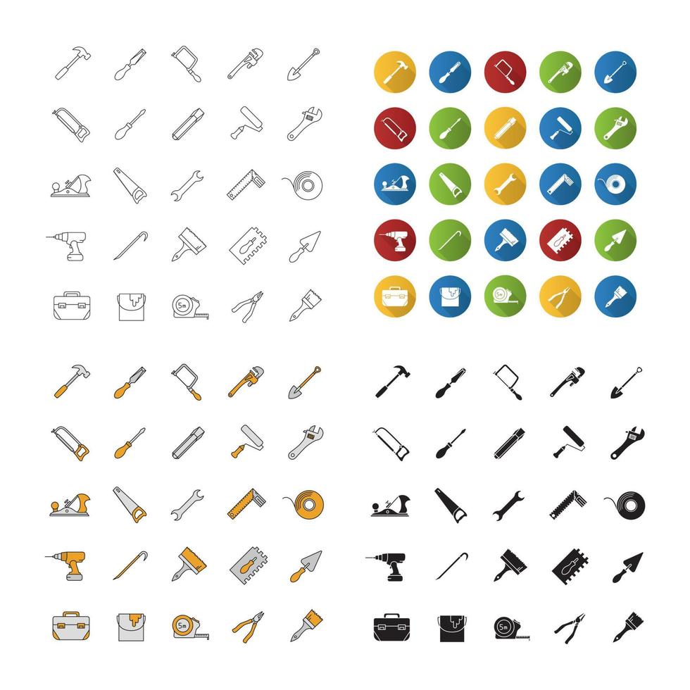 konstruktion verktyg ikoner set. renoverings- och reparationsinstrument. linjär, platt design, färg och glyfstilar. isolerade vektorillustrationer vektor