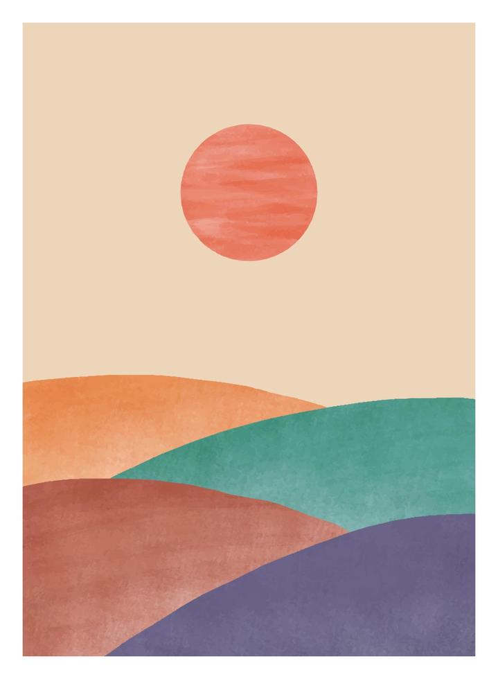 kreativa minimalistiska handmålade illustrationer av mitten av århundradets moderna. naturliga abstrakt landskap bakgrund. berg, skog, hav, himmel, sol och flod vektor