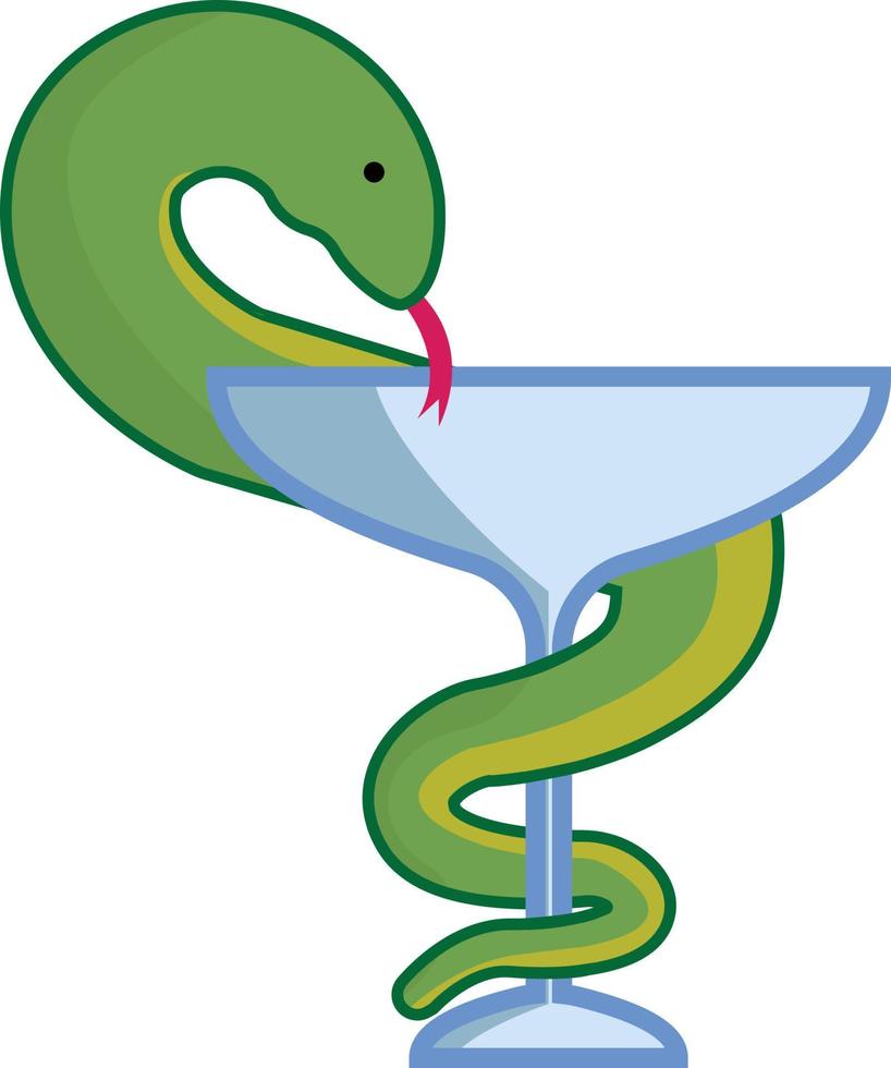 vektor bild av asclepius stav. orm lindad runt en skål. även känd som caduceus. grön orm lindad runt blå skål, tecknad stil - minimal och förenklad platt design.