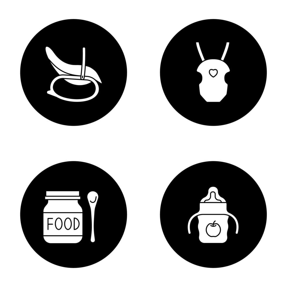 barnomsorg glyf ikoner set. gungstol, bärsele, mat, sippy cup. vektor vita silhuetter illustrationer i svarta cirklar