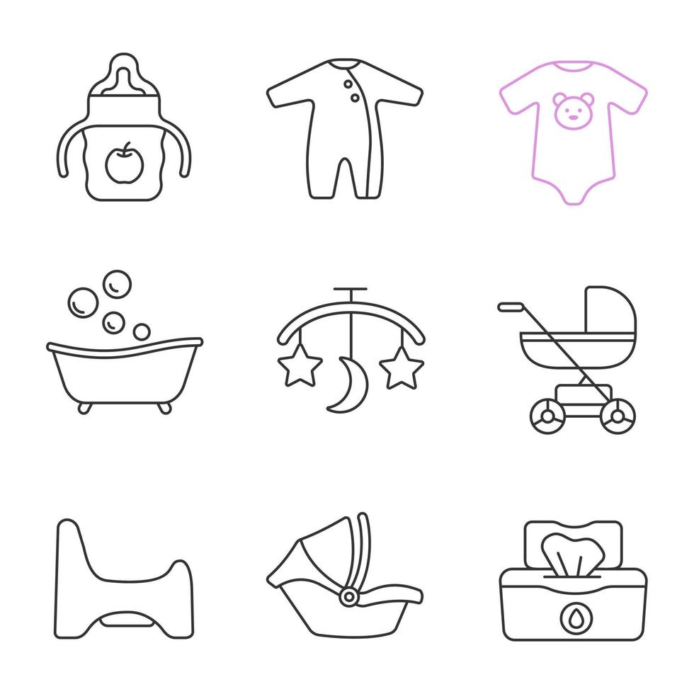 barnomsorg linjära ikoner set. sippy cup, romper, bodysuit, badkar, sängkarusell, barnvagn, pottastol, bilbarnstol, våtservetter. tunn linje kontur symboler. isolerade vektor kontur illustrationer