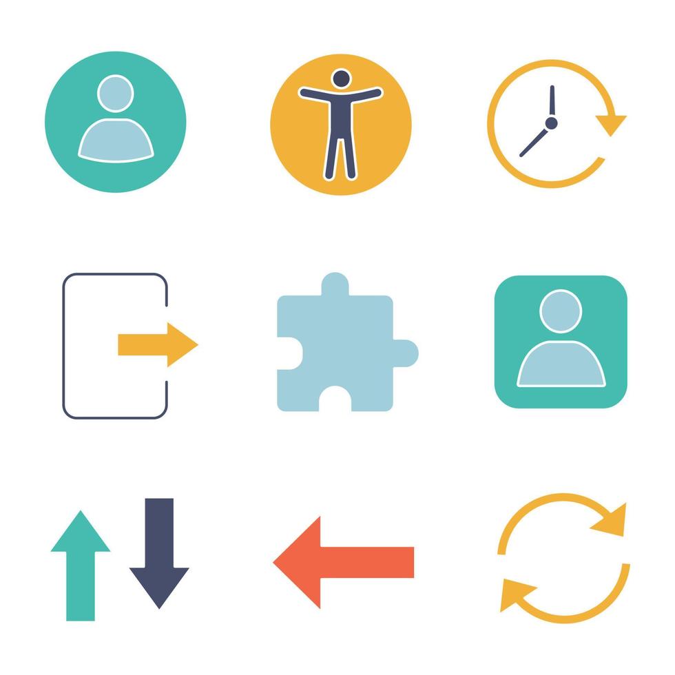 ui ux glyph färgikoner set. userpic, accessibility, update, exit, extension, user account, vertikal swap, back, refresh arrow. siluettsymboler utan kontur. negativt utrymme. vektor illustrationer