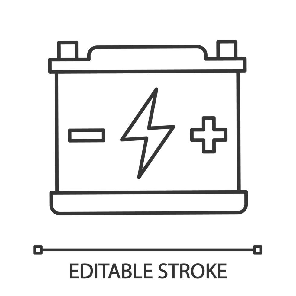 Akkumulator lineares Symbol. Autobatterie. dünne Liniendarstellung. Energieversorgung. Energieansammlung. Blei-Säure-Batterie. Kontursymbol. Vektor isoliert Umrisszeichnung. editierbarer Strich