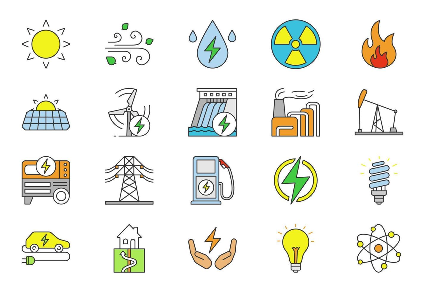 Farbsymbole für elektrische Energie festgelegt. Elektrizität. Stromerzeugung und Akkumulation. elektrische Energiewirtschaft. alternative Energiequellen. isolierte Vektorgrafiken vektor