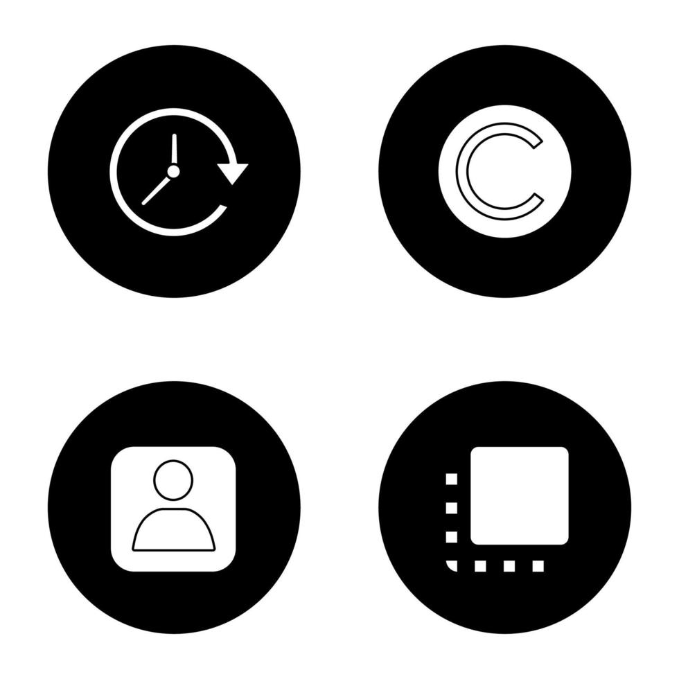 ui ux glyph ikoner set. uppdatering, copyright, användarkonto, flip to front-knapp. vektor vita silhuetter illustrationer i svarta cirklar