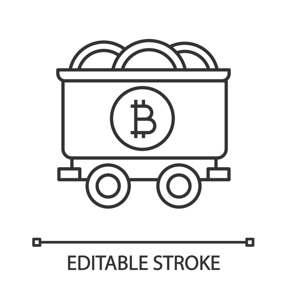 Bitcoin gruvverksamhet linjär ikon. min vagn med bitcoin-mynt. tunn linje illustration. kryptovaluta. kontur symbol. vektor isolerade konturritning. redigerbar linje