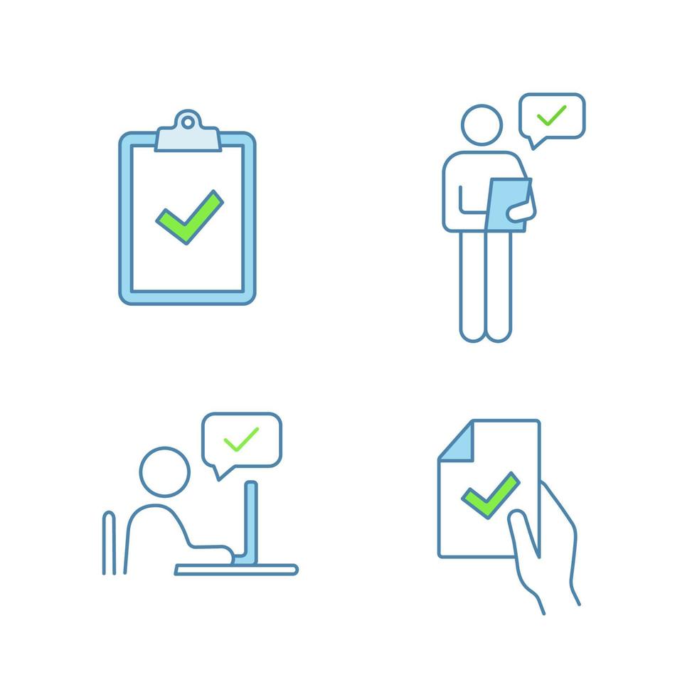 Farbsymbole genehmigen. Verifizierung und Validierung. Zwischenablage mit Häkchen, Person prüft Dokument, Vertragsunterzeichnung, Genehmigungs-Chat. isolierte vektorillustrationen vektor