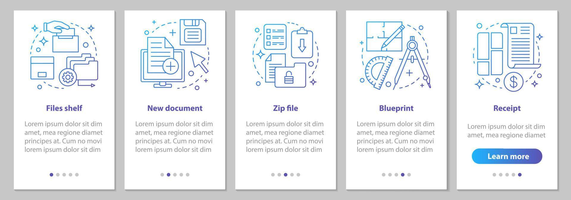 big data onboarding mobil app sidskärm med linjära koncept. filer lagring, nytt dokument, zip-fil, ritning, kvitto steg grafiska instruktioner. ux, ui, gui vektormall med illustrationer vektor