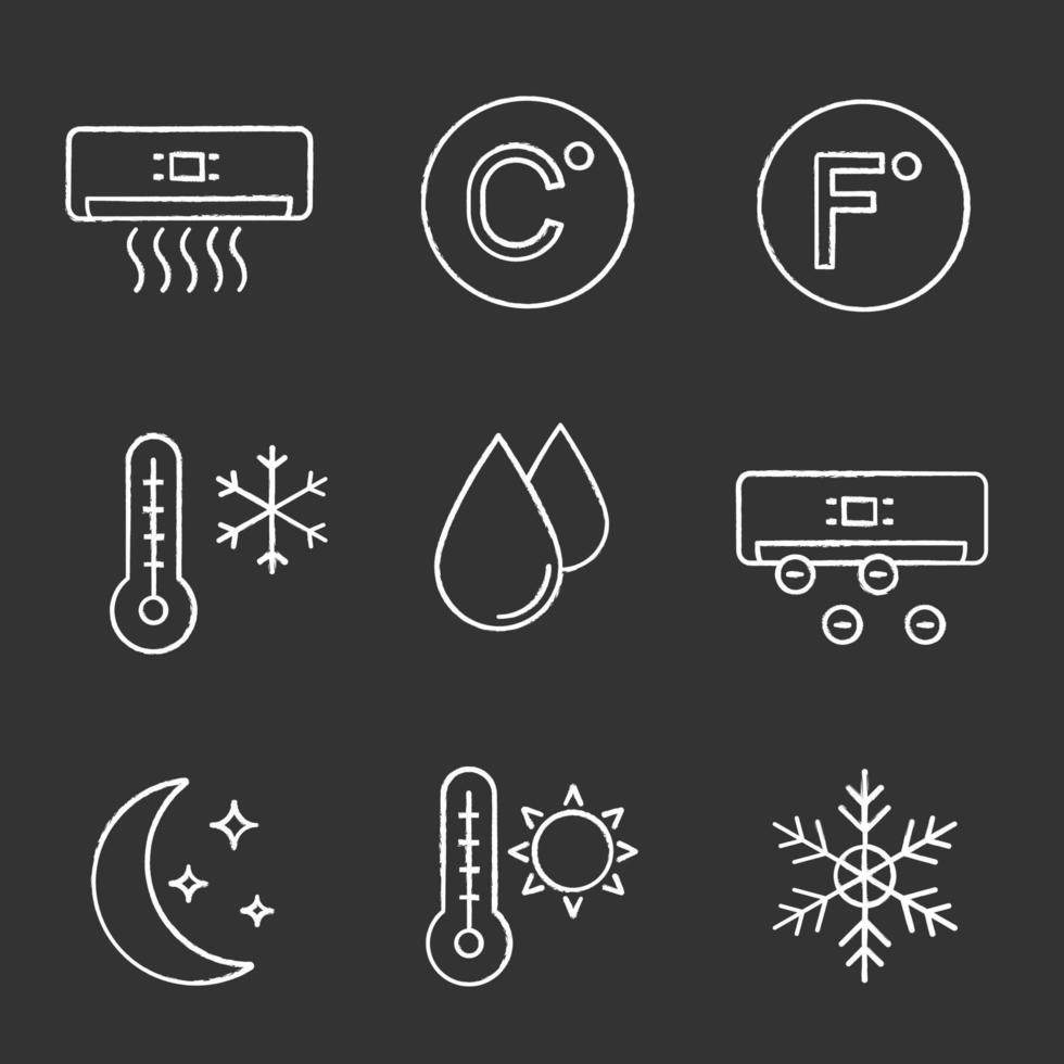 Kreidesymbole für Klimaanlagen gesetzt. Klimaanlage, Celsius, Fahrenheit, Winter- und Sommertemperatur, Wassertropfen, Ionisator, Nachtmodus, Schneeflocke. isolierte vektortafelillustrationen vektor