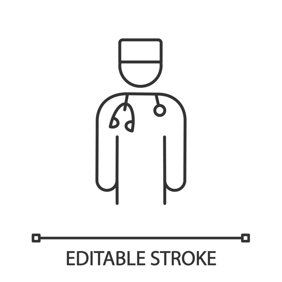 Arzt lineares Symbol. Psychotherapeut, Psychologe, Neurologe. dünne Liniendarstellung. medizinischer Arbeiter. Praktiker. dünne Liniendarstellung. Vektor isoliert Umrisszeichnung. editierbarer Strich