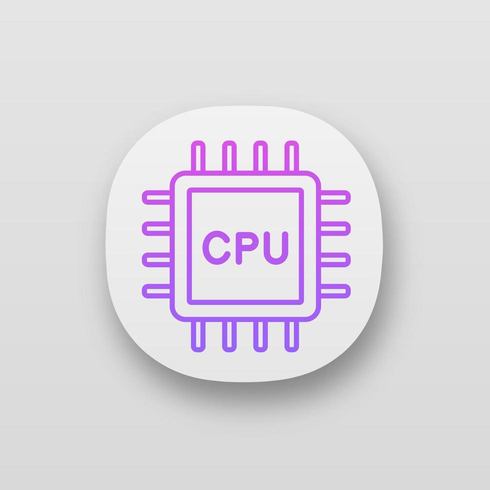 CPU-App-Symbol. ui ux-Benutzeroberfläche. elektronischer Mikrochip, Chipsatz, Chip. Zentraleinheit. Computer, Telefonprozessor. Integrierter Schaltkreis. Web- oder mobile Anwendung. vektor isolierte illustration