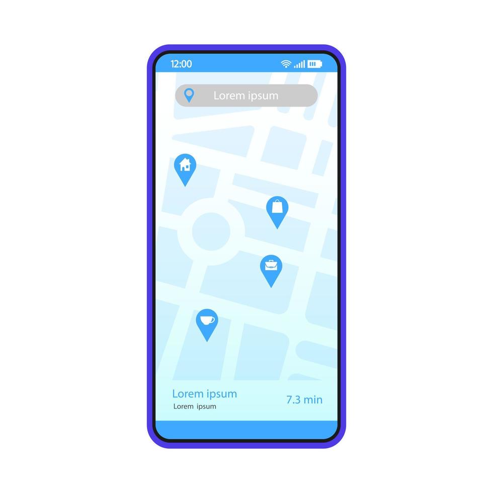 GPS-navigering app gränssnitt vektor mall. mobilapplikationssida blå designlayout. ruttsökningsskärm. platt ui-applikation. att välja destination. telefondisplay med digital karta, pinpoints